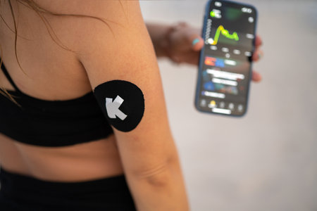 Over shoulder view of woman using Continuous Glucose Monitor to improve diabetes control.の写真素材