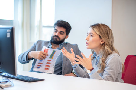 Worried businesswoman gesturing with hands while looking shocked at computer with her male colleague...