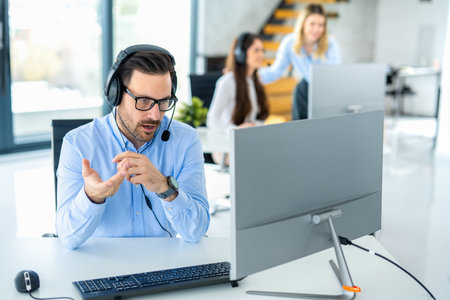 Customer service representative communicating with customer trying to provide appropriate solutions for client issues.の写真素材