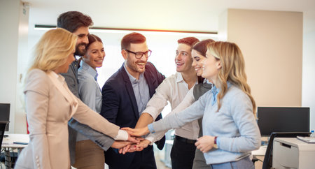 Happy business co-workers stacking hands at office. Community team spirit and cohesion. Supporting...
