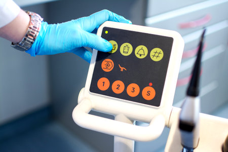Close up of hand with blue glove control dental chair position in dental office.の写真素材