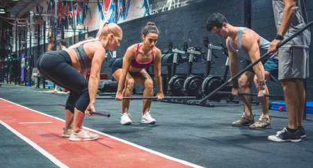 Group of sporty people exercising with bars at fitness center.の写真素材