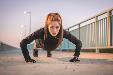 Sporty girl doing push ups outdoors.の写真素材