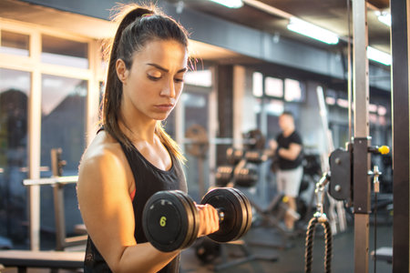 Athletic young lady doing workout with weights in gym.の写真素材