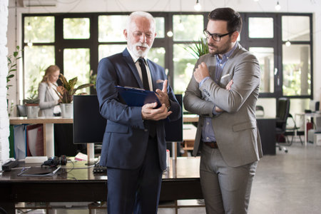 Two businessmen in formal suits discussing documents on a meeting in office