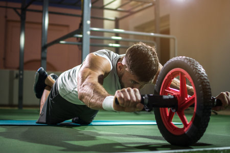 Handsome man training with wheel to strengthen his abdominal muscleの写真素材