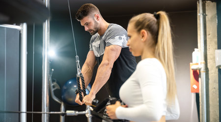 Handsome tall guy pushing down cable cross machine at the gym.