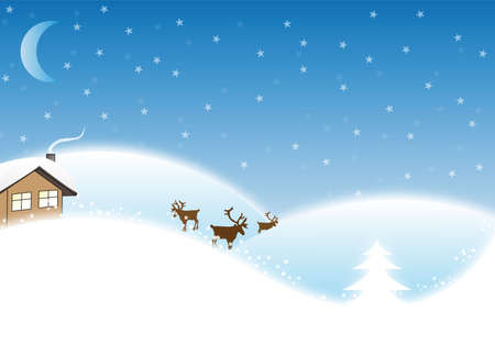 Winter / Christmas Landscape with reindeers and a small houseの写真素材