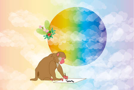 a brown monkey doing calligraphy in the sunriseの写真素材