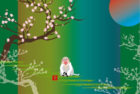 plum tree and monkey with sun risingの写真素材