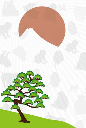 Silhouette Sunrise and pine tree and monkey postcardsの写真素材