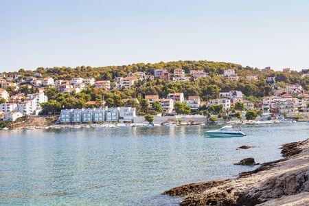 Scenic picture of dalmatian coastline, adriatic seashore near Trogir, Croatia on summertime
