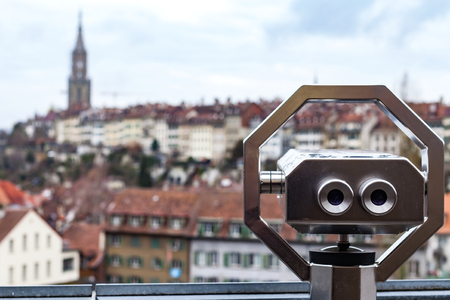 Panoramic view of Bern old town and binoculars, Switzerlandの写真素材