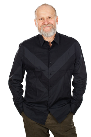 Handsome elderly man with checkered shirt smiling to the camera on isolated backgroundの写真素材