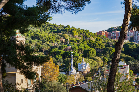 Sunny november morning in Park GÃ¼ell - Gaudi's masterpiece in Barcelona, Spainの写真素材