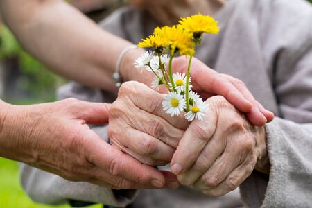 Close up picture of elderly woman with dementia holding flower bouquet given by caretaker - hands