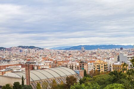 Morning panorama of Barcelona-rooftops, historical buildings, beautiful sunny weatherの写真素材