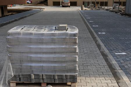 Cobblestone walkway outdoor - sidewalk construction in the city の写真素材