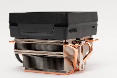 Modern cpu cooler with heat-pipes on white backgroundの写真素材