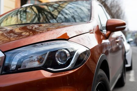 Close up picture of the modern car led headlightsの写真素材