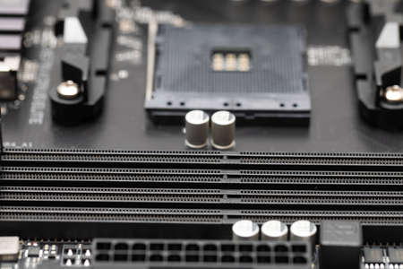 Cose up picture of a brand new computer motherboardの写真素材