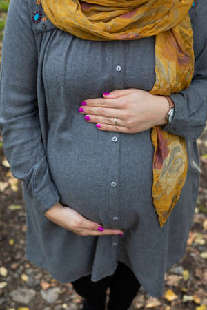 Close up picture of pregnant belly bump in third trimester outdoor in the park at fallの写真素材