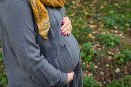 Close up picture of pregnant belly bump in third trimester outdoor in the park at fall