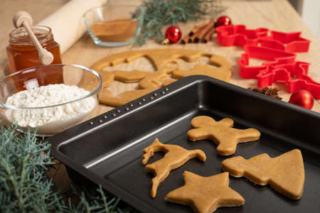 Christmas recipes - Homemade gingerbread dough on wooden background