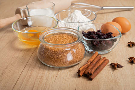 Homemade gingerbread ingredients on wooden table - Advent activity tradition, Christmas recipes