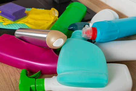 Colorful cleaning products in the kitchen