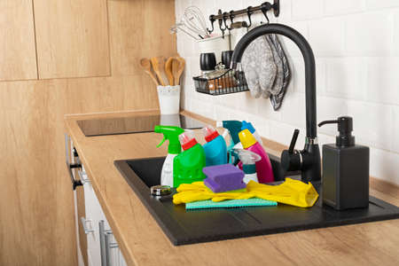 Colorful cleaning products in the kitchen