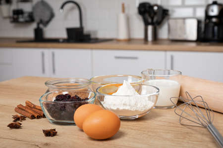 Homemade gingerbread ingredients on wooden table - Advent activity tradition, Christmas recipesの写真素材