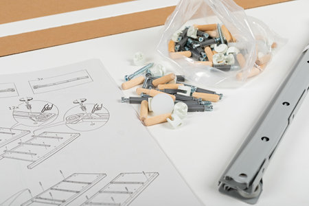 Close up picture of carpenter tools for furniture assembling at home
