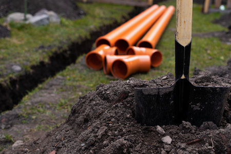 Laying down orange PVC drainage pipes into the groundの写真素材