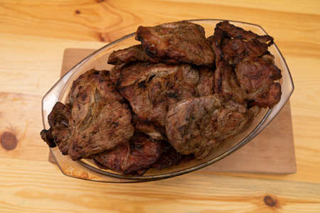 Delicious ribeye steak on table, garden partyの写真素材