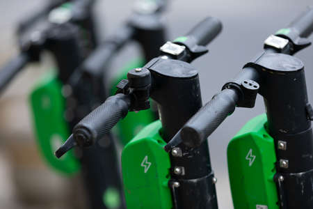 Close up photo of an electric scooter steering wheelの写真素材