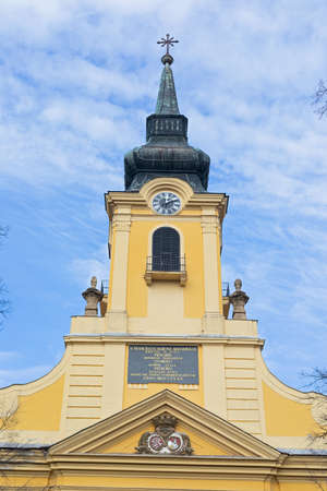 Picture of a church with bells in the towerの写真素材
