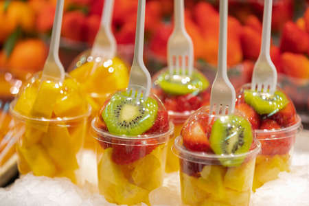 Close up picture of delicious juicy fruits at the central market in Valencia, Spain