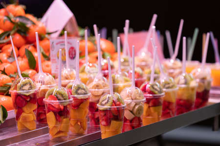 Close up picture of delicious juicy fruits at the central market in Valencia, Spainの写真素材