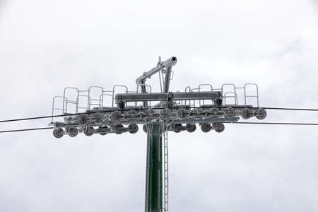 Close up picture of ski lift in winter resort