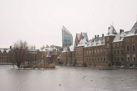 Snowy view over the Hofvijver in the Hagueの写真素材