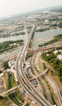 Skyline aerial view - city landscape - suspension bridgeの写真素材