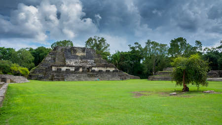 the famous ancient Mayan ruins of Altun Ha, situated in the jungle of Belizeの写真素材