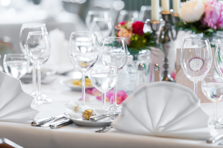 Wedding table decoration in restaurantの写真素材