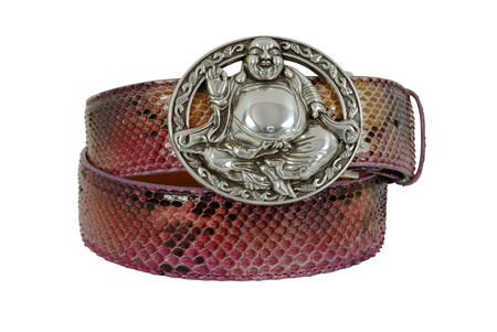 Pink snake leather belt with steel Buddha buckle on white backgroundの写真素材