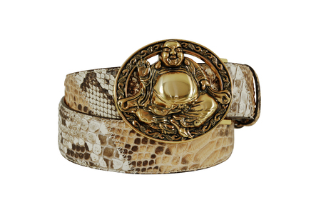 Brown and white snake leather belt with gold Buddha buckle on white backgroundの写真素材