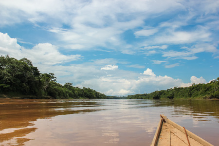 On boat view on Madre de Dios river in Peruの写真素材