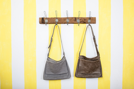 Leather bags on striped wallpaperの写真素材