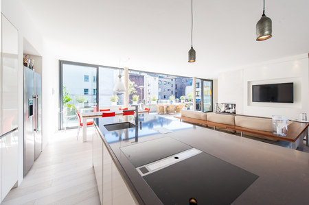Modern interior of a big and bright roomの写真素材