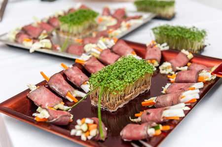 Roast beef appetizers on porcelain plateの写真素材